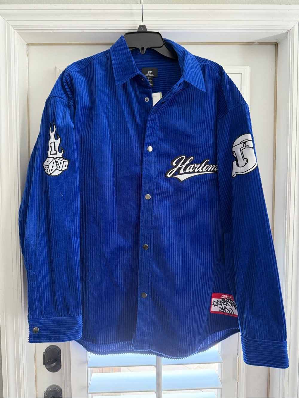 H&M Blue Corduroy Harlem Patch Button-Up Jacket